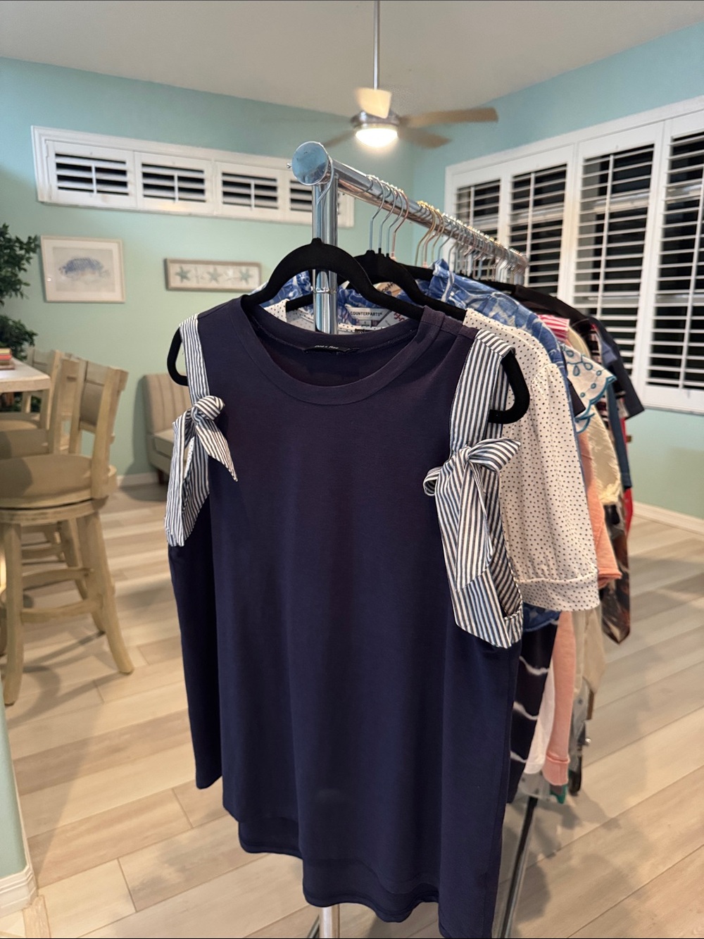 Doe & Rae Navy Cold-Shoulder Tank with Striped Tie Sleeves